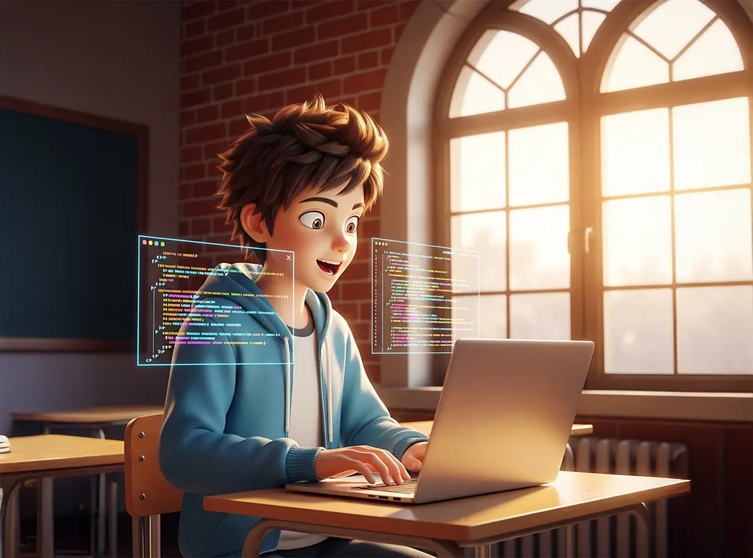 Siswa Super Coder sedang belajar coding dengan semangat di depan laptop